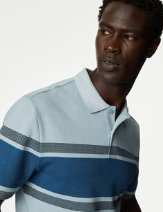 Рубашка поло двойной вязки в полоску из чистого хлопка Marks &amp; Spencer, синий микс