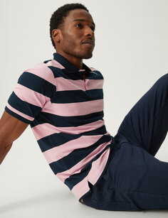 Рубашка поло в полоску из чистого хлопка Marks &amp; Spencer, розовый