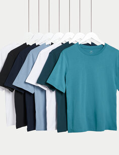 7 пар футболок из чистого хлопка с круглым вырезом Marks &amp; Spencer, бирюзовый микс