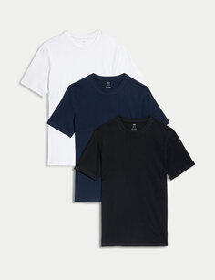 3 пары облегающих футболок из чистого хлопка с круглым вырезом Marks &amp; Spencer