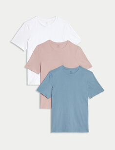 3 пары футболок из чистого хлопка с круглым вырезом Marks &amp; Spencer, бледно-голубой микс