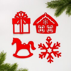 Подвески дерево, 4 шт, набор красный Зимнее волшебство