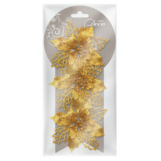 Игрушки елочные в наборах украшение Рождественский цветок 3шт 10см пластик золото