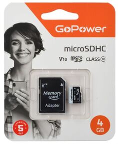 Карта памяти 4GB GoPower 00-00025672 microSDHC Class10 15 МБ/сек U1 V10 с адаптером