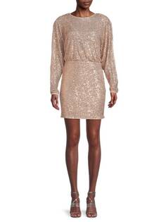 Блузонное мини-платье BCBGMAXAZRIA с пайетками, розовое золото