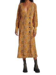 Платье миди GANNI с глубоким вырезом и леопардовым принтом, marigold