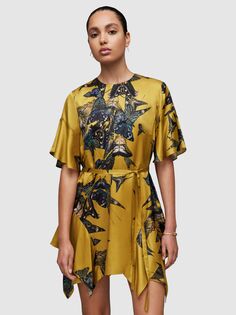 AllSaints Rina Diana Асимметричное мини-атласное платье с цветочным принтом, золотой/мульти