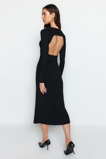 Платье Trendyol миди в рубчик с открытой спиной и высоким воротником, черный