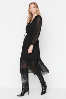 Платье-миди Trendyol с тканым воротником и шнуровкой, черный