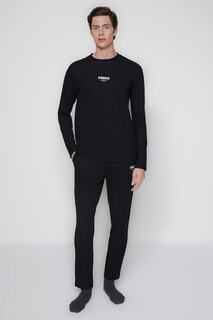 Пижамный комплект мужской Trendyol с принтом и вафельным рисунком, черный