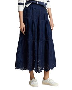 Ярусная льняная юбка с вышивкой на люверсах Ralph Lauren