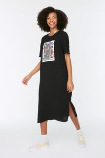 Платье-миди Trendyol с принтом и детальной отделкой, черный