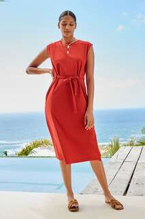 Летнее платье-футболка миди с короткими рукавами из 100% хлопка с поясом Next, красный