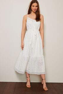 Платье миди из 100 % хлопка с английской вышивкой на талии и V-образным вырезом Next, белый