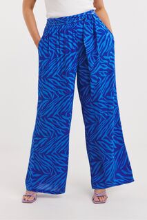 Синие широкие брюки из ткани со сборками и завязкой с зебровым принтом на талии Simply Be, синий
