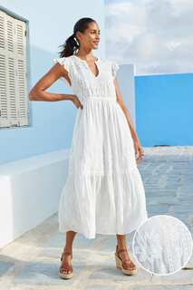 Многослойное летнее платье миди из хлопка с V-образным вырезом и вышивкой Next, белый