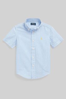 Синяя рубашка из жатого хлопка с короткими рукавами и логотипом для мальчика Polo Ralph Lauren, синий