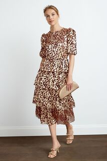 Платье средней длины с короткими плиссированными рукавами и многослойным коричневым принтом из фольги Next, коричневый