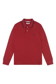 Красная мужская рубашка-поло из пике с длинными рукавами и двойными контрастными полосками U.S. Polo Assn, красный