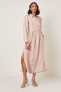 Блестящее платье-рубашка длиной до колена с пуговицами Next, розовый