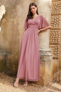 Платье-макси из свадебной коллекции с короткими рукавами вырезом под грудь Lipsy, розовый