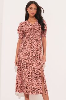 Платье миди с оборками рукавами-фонариками и разрезом на V-образном вырезе Lipsy, розовый