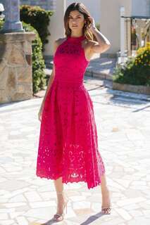 Премиальное кружевное платье миди с вырезом бретельками Lipsy, розовый