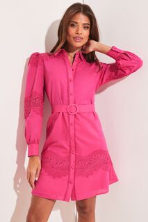 Платье-рубашка с длинными рукавами кружевной вставкой и поясом Lipsy, розовый
