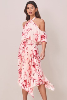 Плиссированное платье миди с открытыми плечами и асимметричным подолом Lipsy, розовый