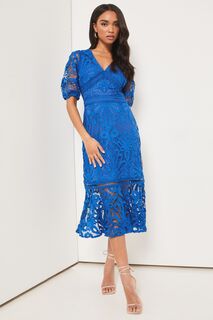 Премиальное кружевное платье миди с пышными рукавами и V-образным вырезом Lipsy, синий