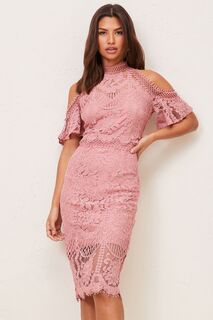 Премиальное кружевное платье миди с открытыми плечами Lipsy, розовый