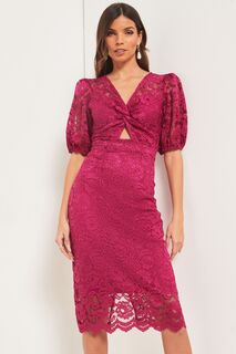 Платье миди с рукавами-фонариками и вырезом Lipsy, розовый