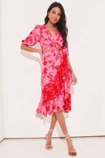Платье миди с рюшами пышными рукавами и декоративным вырезом Lipsy, розовый