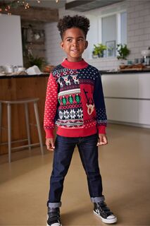 Лоскутный детский свитер с рождественским семейным фоном Next, синий