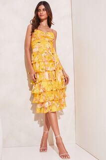Многоярусное платье средней длины без рукавов с принтом закрученной передней частью и поясом Lipsy, желтый