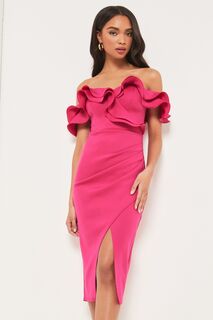 Платье миди со сборками и открытыми плечами Lipsy, розовый