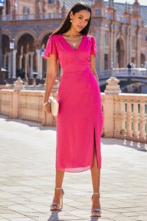 Платье из ткани добби с зигзагообразным узором и рюшами на плечах Sosandar, розовый