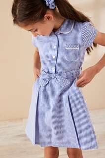 Школьное платье из хлопка с принтом виши поясом и резинкой для волос Next, синий