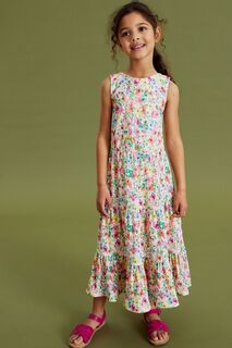 Многослойное трикотажное платье миди со спиной Белый/розовый/зеленый летние цветочные мотивы Next, белый