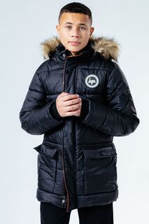 Черное детское пальто Explorer с капюшоном отделанным искусственным мехом Hype, черный