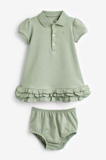 Зеленое детское платье-поло с рюшами Polo Ralph Lauren, зеленый