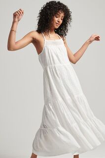 Винтажное белое кружевное платье макси на бретелях Superdry, белый