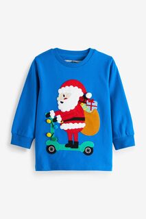 Рубашка с длинными рукавами и рождественским принтом Синий Дед Мороз на самокате Next, синий
