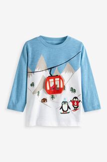 Рубашка с длинными рукавами и рождественским принтом Синий Санта-Клаус на лыжах Next, синий
