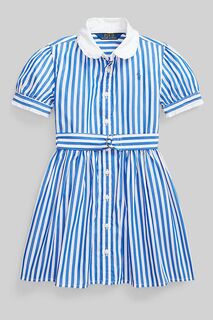 Девичье платье-рубашка в полоску с короткими рукавами и логотипом Polo Ralph Lauren, синий