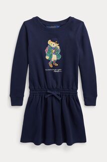 Синее трикотажное платье для девочек с логотипом плюшевого мишки Polo Ralph Lauren, синий