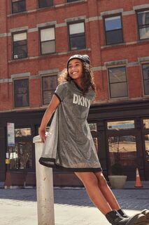 Серебряное многослойное платье 2-в-1 с логотипом DKNY, серый