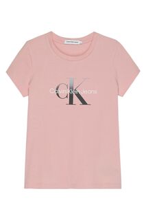 Розовая девичья футболка с штрихованной монограммой Calvin Klein, розовый