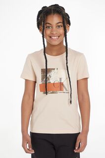 Бежевая детская футболка свободного кроя и монограммой Calvin Klein, бежевый