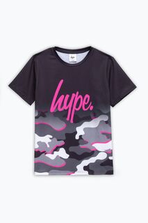 Розовая футболка для девочек с камуфляжным рисунком и штрихованной надписью Hype, розовый
